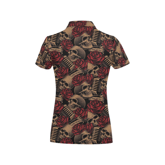 Microphone Skull Rose Pattern Print Design 02 Women's Polo Shirt