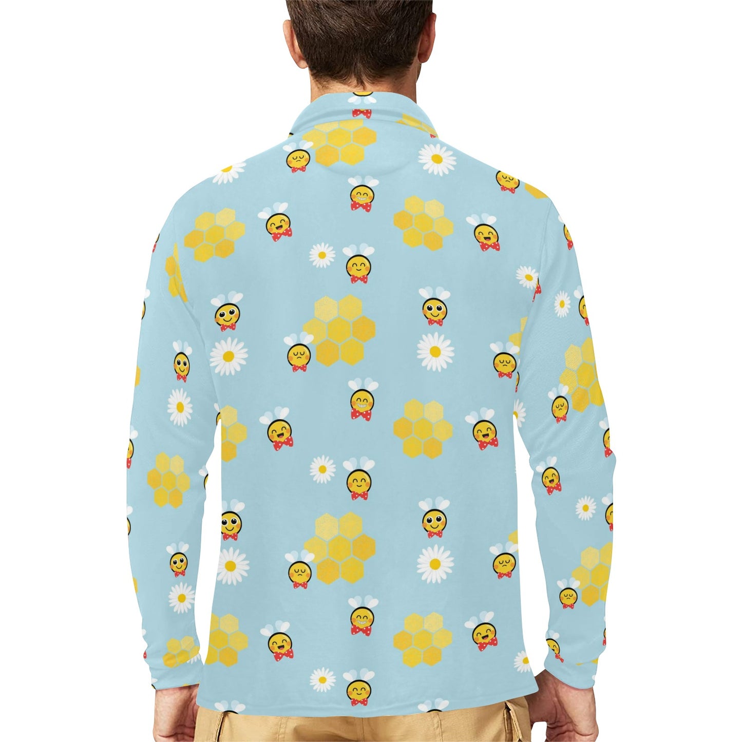 Bee Cute Print Design LKS304 Long Sleeve Polo Shirt For Men's