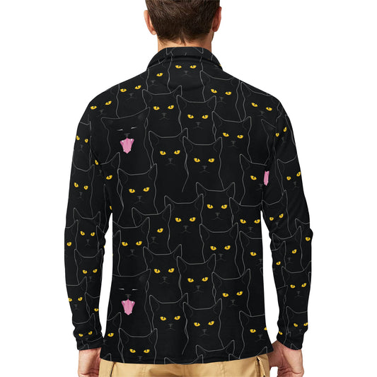 Black Cat Yellow Eyes Print Pattern Long Sleeve Polo Shirt For Men's