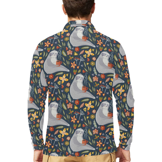 Sloth Print Design LKS303 Long Sleeve Polo Shirt For Men's