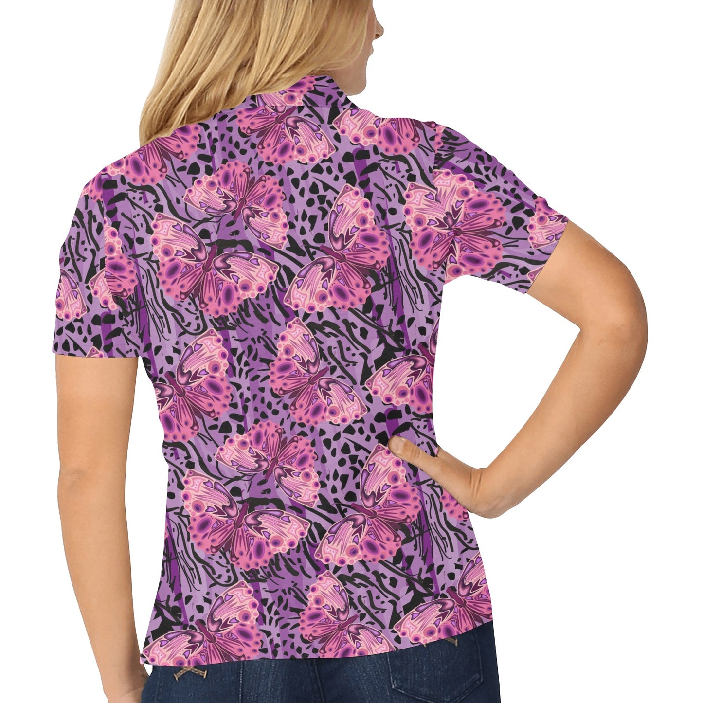 Purple Butterfly Leopard Women's Polo Shirt