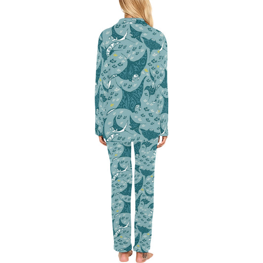 Manta Ray Tribal Pattern Print Design 03 Women's Long Pajama Set