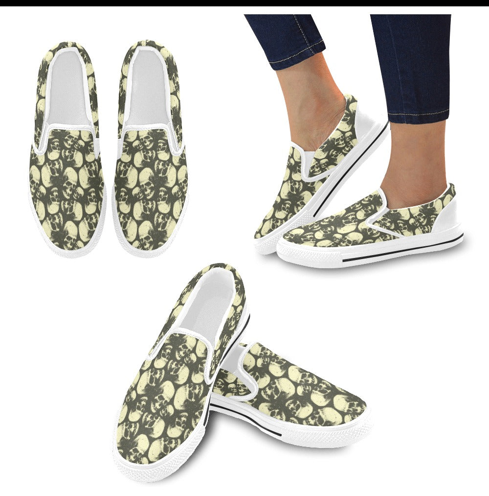 Skull Print Design LKS302 White Slip Ons Canvas Women's Shoes