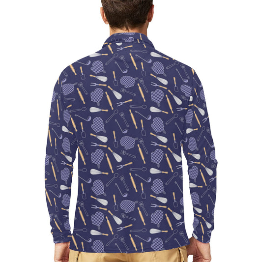 Cooking Kitchen Tools Pattern Print Design 04 Long Sleeve Polo Shirt For Men's