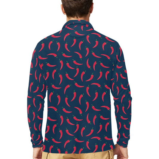 Chilli Pepper Pattern Print Design 03 Long Sleeve Polo Shirt For Men's
