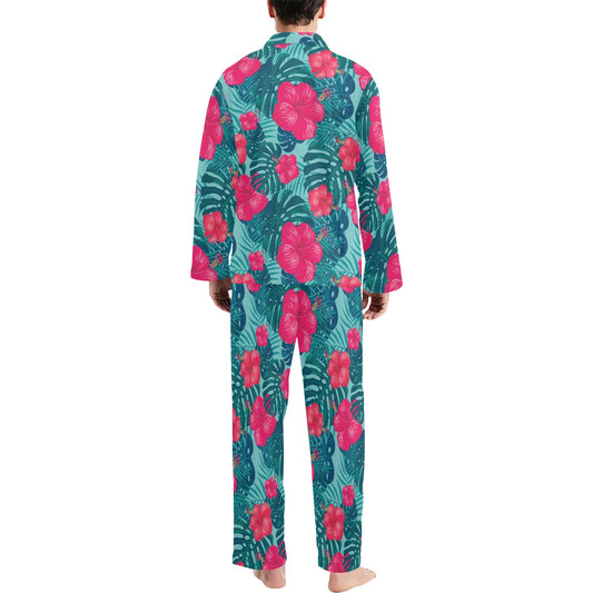Red Hibiscus Pattern Print Design HB017 Men's Long Pajama Set