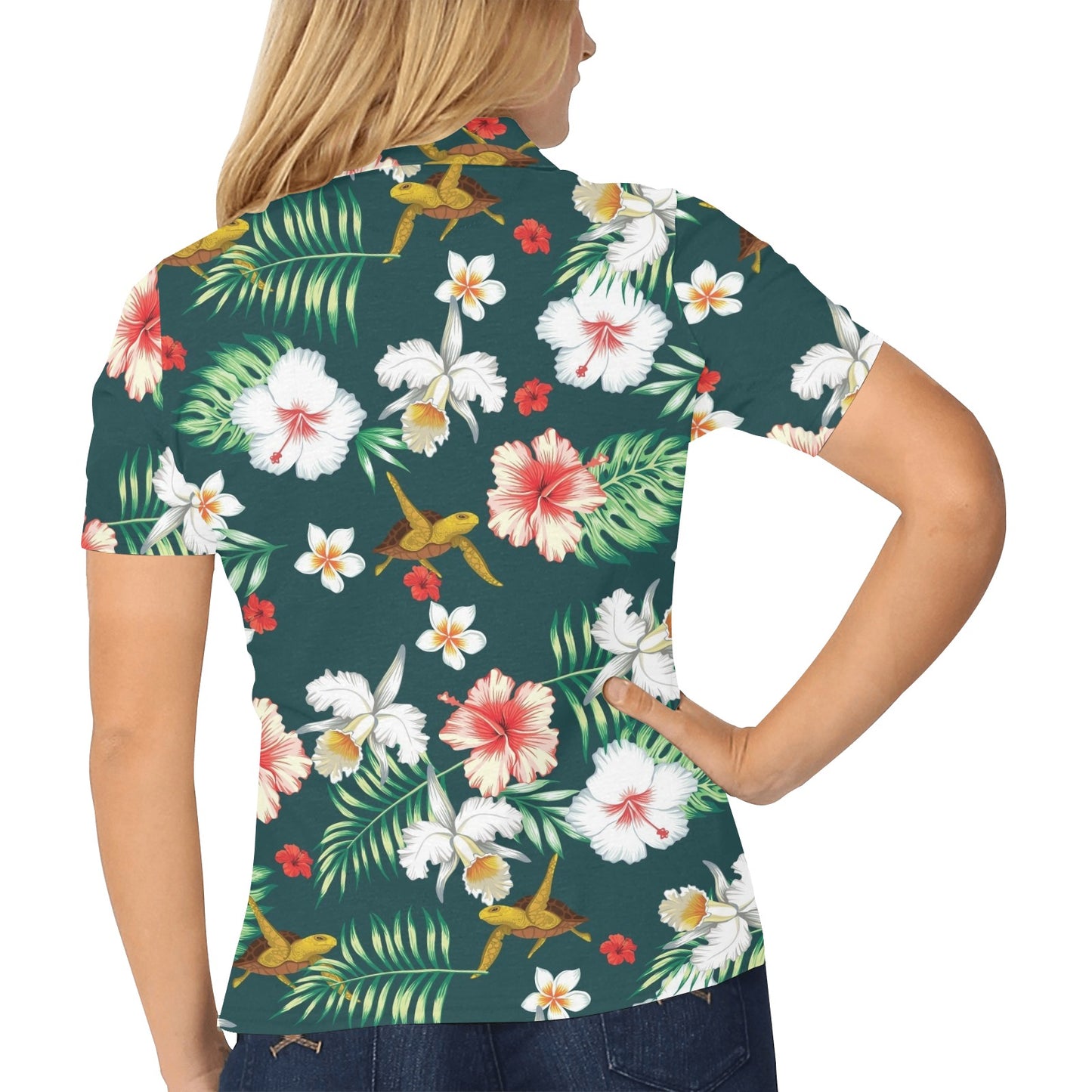 Hawaiian Flower Design with SeaTurtle Print Women's Polo Shirt