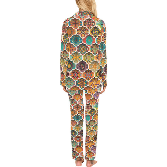 Mandala Mosaic Themed Design Print Women's Long Pajama Set