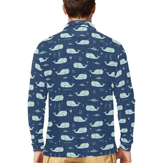 Narwhal Design Print Long Sleeve Polo Shirt For Men's