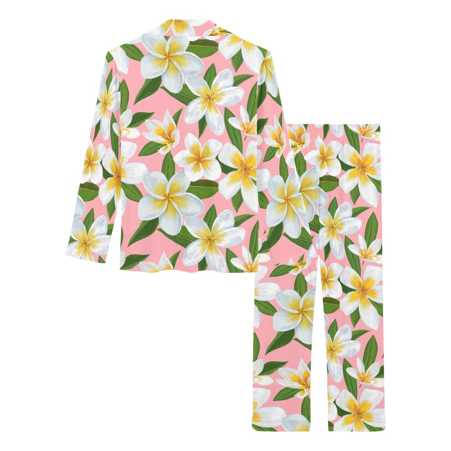 White Plumeria Pattern Print Design PM011 Women's Long Pajama Set