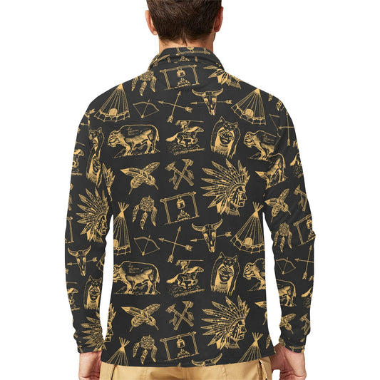 American indian Gold Style Long Sleeve Polo Shirt For Men's