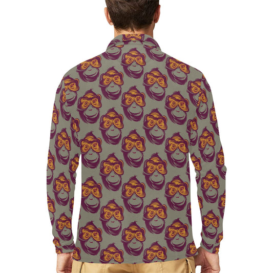 Chimpanzee Pattern Print Design 02 Long Sleeve Polo Shirt For Men's