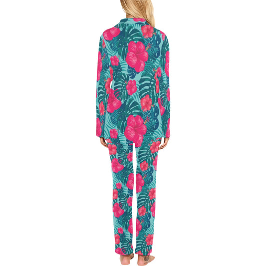 Red Hibiscus Pattern Print Design HB017 Women's Long Pajama Set