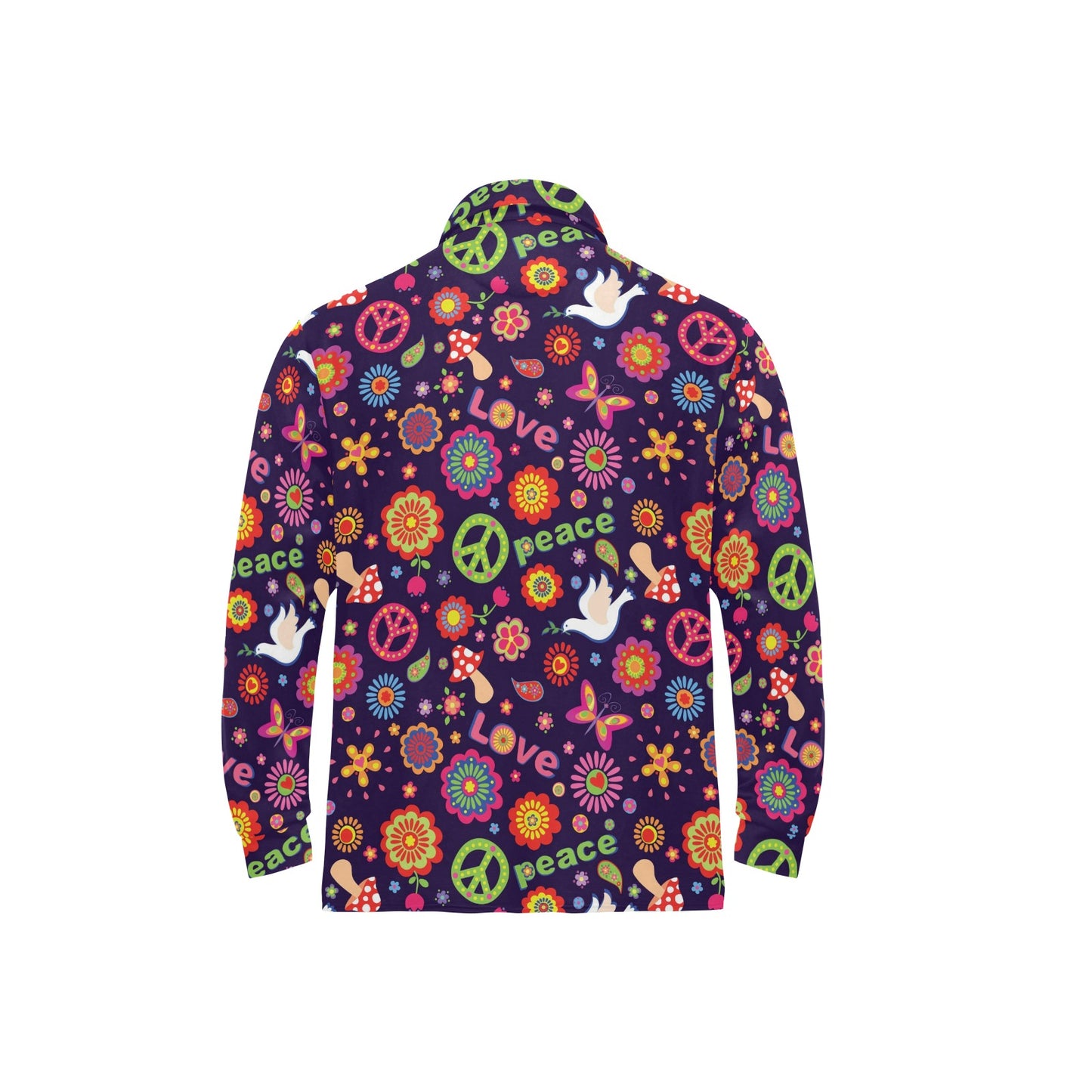 Flower Power Peace Design Print Long Sleeve Polo Shirt For Men's