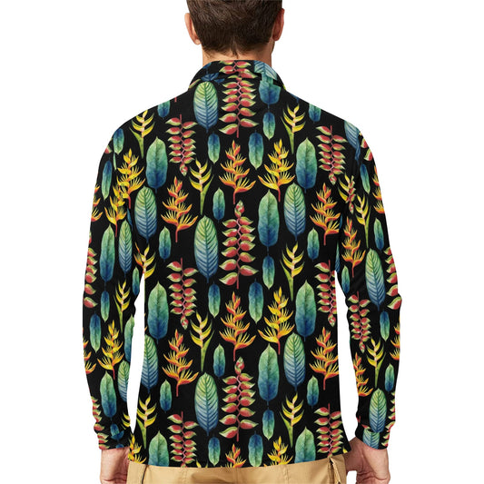 Heliconia Pattern Print Design HL03 Long Sleeve Polo Shirt For Men's