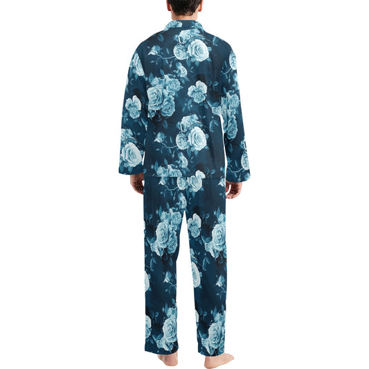 Rose Blue Pattern Print Design RO014 Men's Long Pajama Set