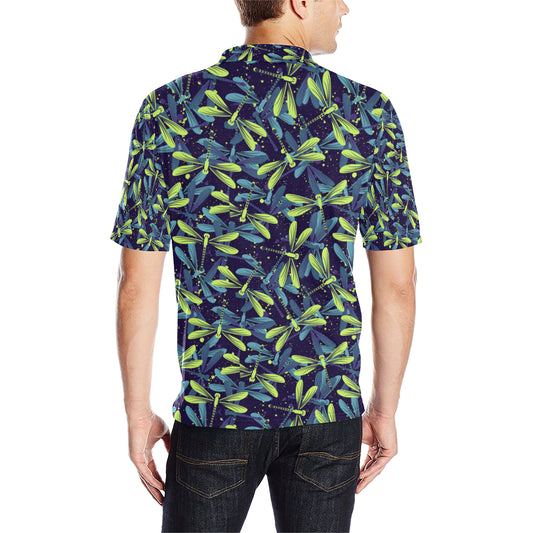 Dragonfly Lime Blue Print Pattern Men Polo Shirt