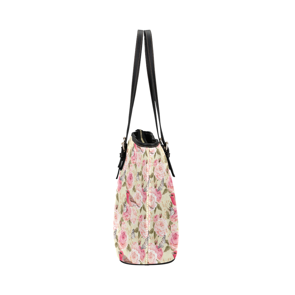 Bird Butterfly Pink Flower Print Pattern Leather Tote Bag