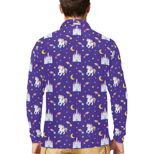Unicorn Casttle Long Sleeve Polo Shirt For Men's