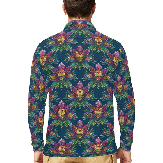 lotus Boho Pattern Print Design LO04 Long Sleeve Polo Shirt For Men's