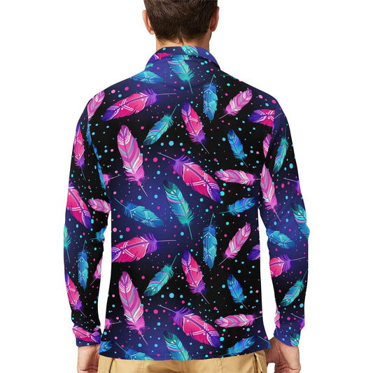 Feather Colorful Boho Design Print Long Sleeve Polo Shirt For Men's