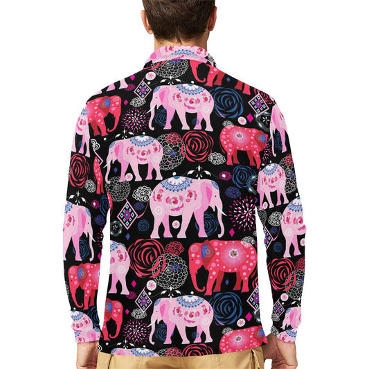 Pink Elephant Pattern Long Sleeve Polo Shirt For Men's