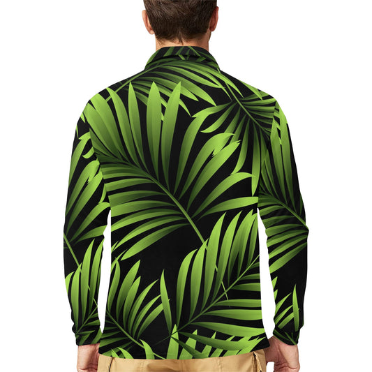 Green Neon Tropical Palm Leaves Long Sleeve Polo Shirt For Men's