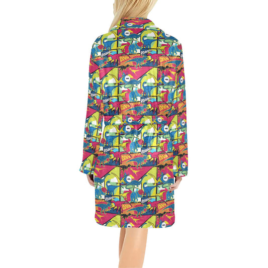 Dinosaur Comic Pop Art Style Women's Fleece Robe