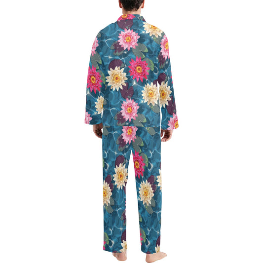 Water Lily Pattern Print Design WL05 Men's Long Pajama Set