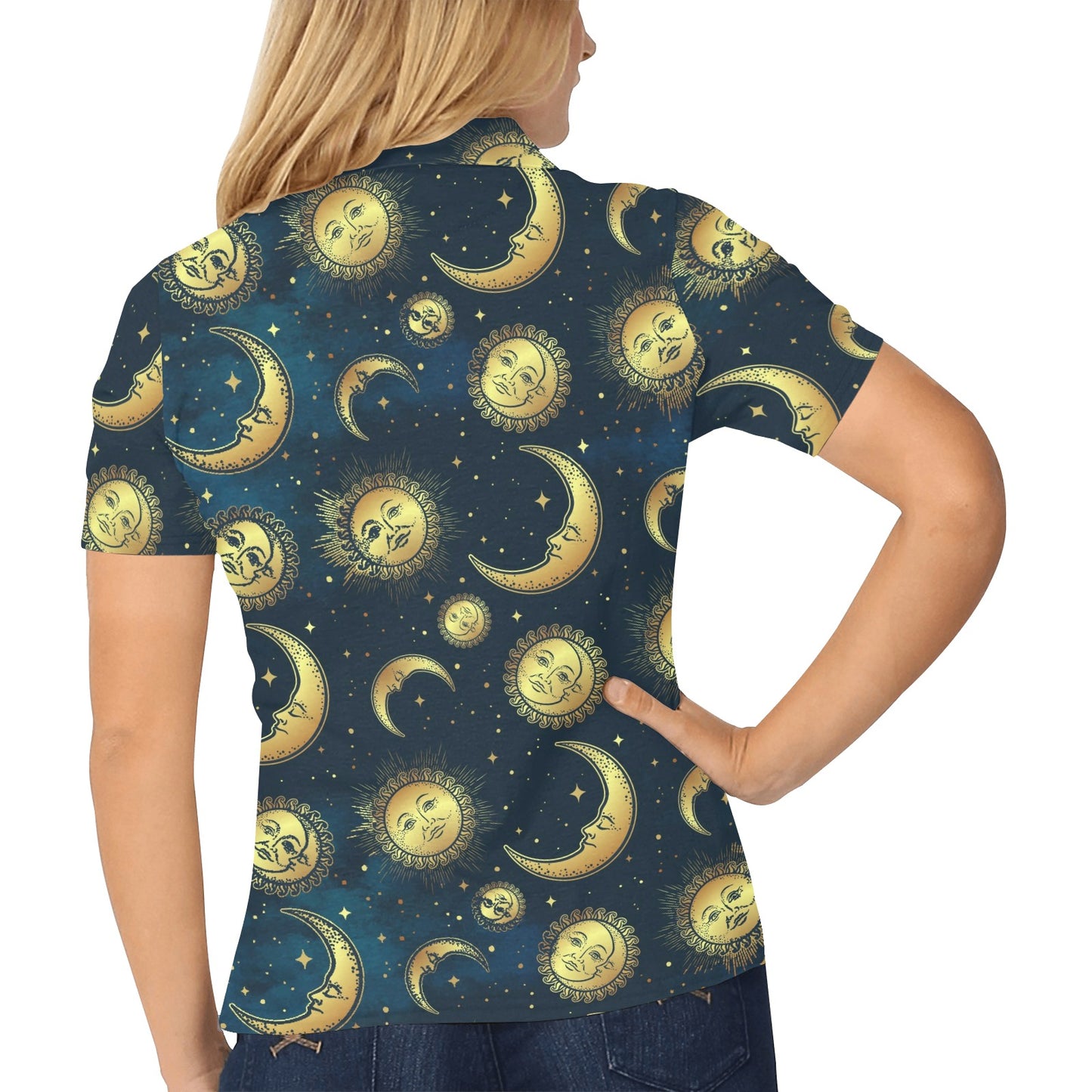 Gold Sun Moon Face Women's Polo Shirt