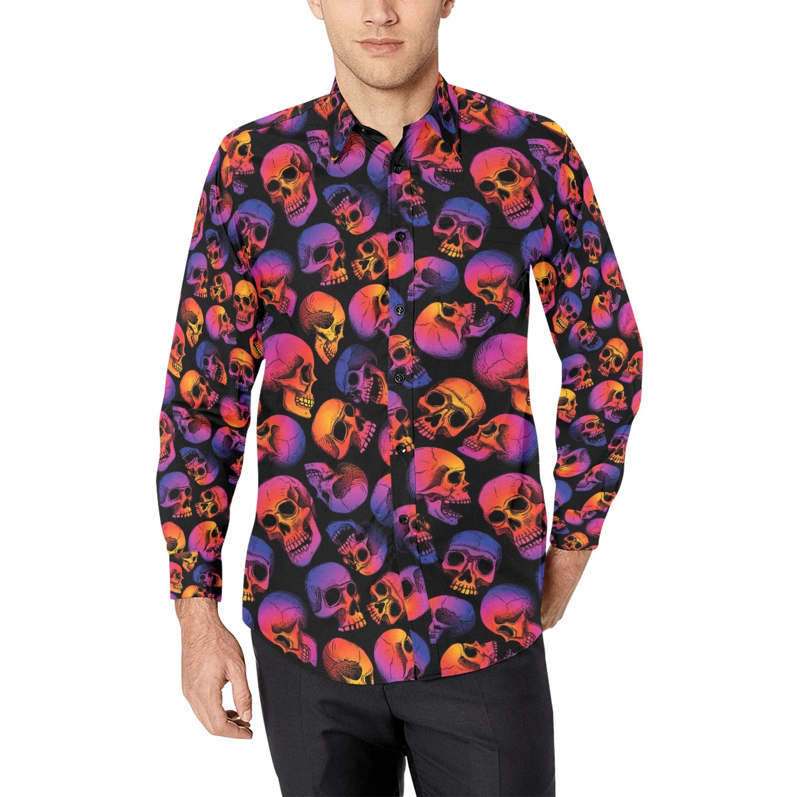 Skull Multicolor Print Design LKS3011 Men's Long Sleeve Dress Shirt JTAMIGO Skull Multicolor Print Design LKS3011 Men's Long Sleeve Dress Shirt JTAMIGO