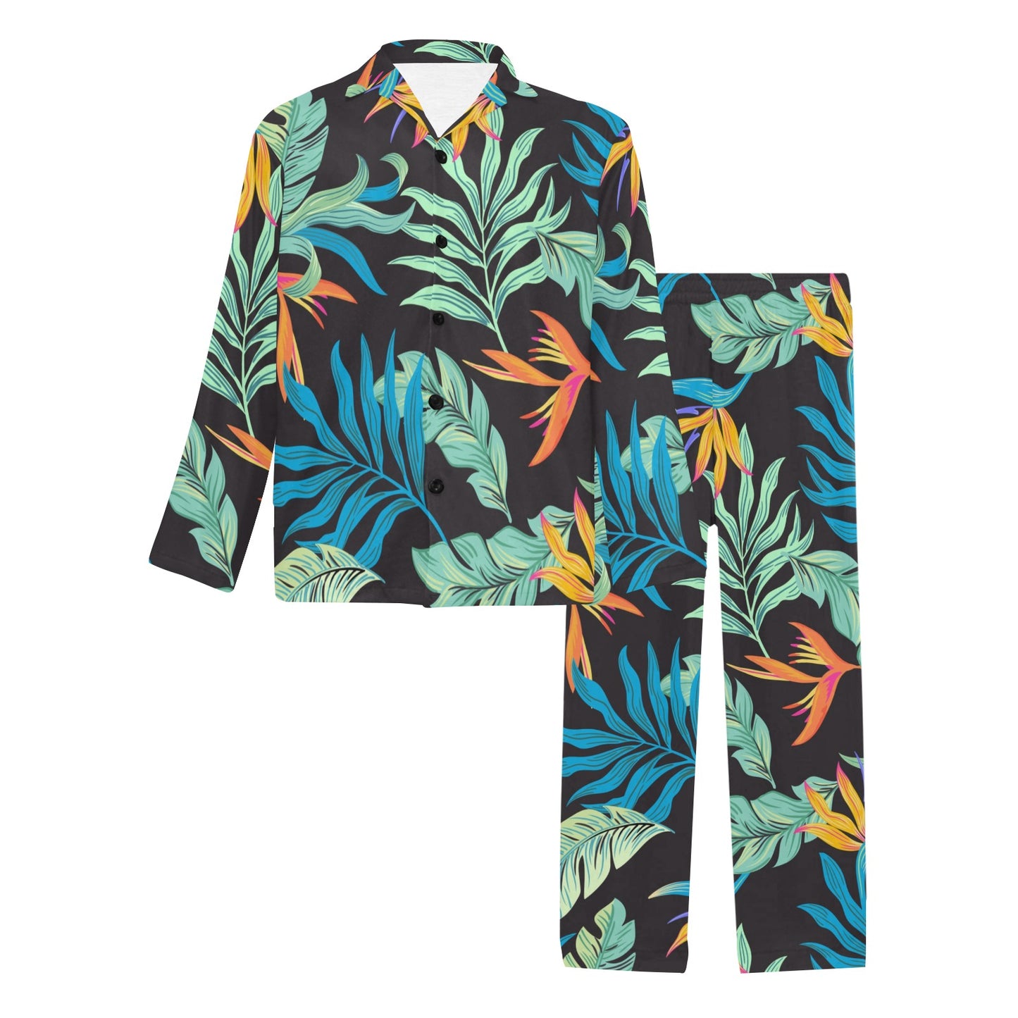 Tropical Palm Leaves Hawaiian Flower Men's Long Pajama Set
