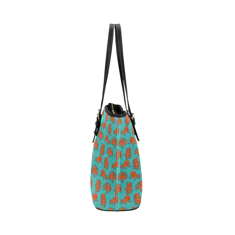 Octopus Cartoon Design Print Themed Leather Tote Bag