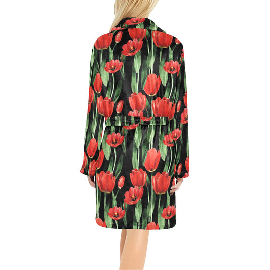 Tulip Red Pattern Print Design TP03 Women's Fleece Robe