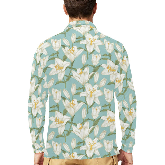 Lily Pattern Print Design LY09 Long Sleeve Polo Shirt For Men's