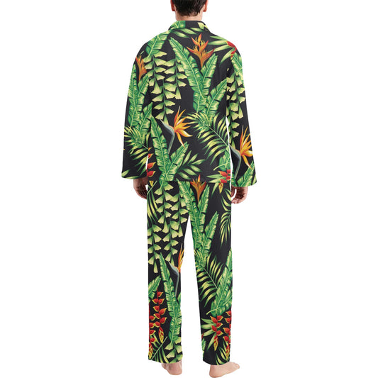 Hawaiian Flower Tropical Palm Leaves Men's Long Pajama Set