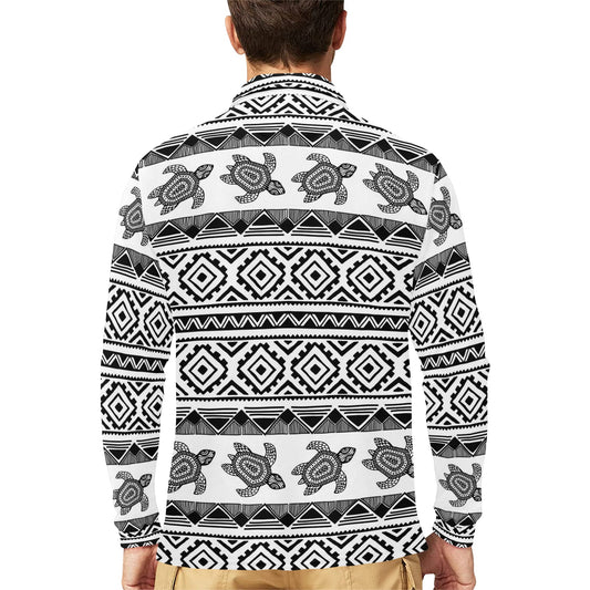 Sea Turtle Tribal Aztec Long Sleeve Polo Shirt For Men's
