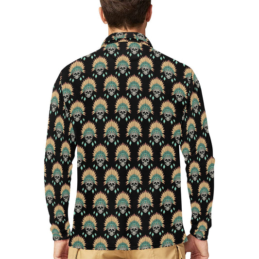 American indian Skull Pattern Long Sleeve Polo Shirt For Men's