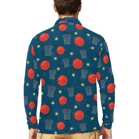 Basketball Classic Print Pattern Long Sleeve Polo Shirt For Men's