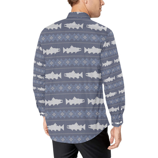 Salmon Fish Knit Style Print Design LKS304 Men's Long Sleeve Dress Shirt