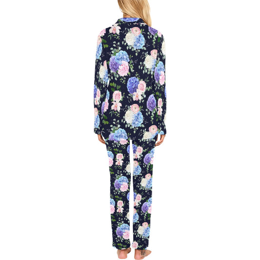 Hydrangea Pattern Print Design HD01 Women's Long Pajama Set
