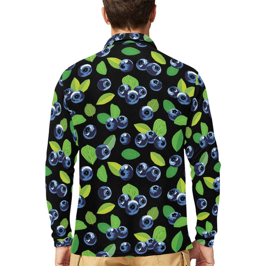 Blueberry Pattern Print Design BB03 Long Sleeve Polo Shirt For Men's