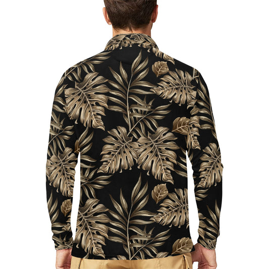 Brown Tropical Palm Leaves Long Sleeve Polo Shirt For Men's