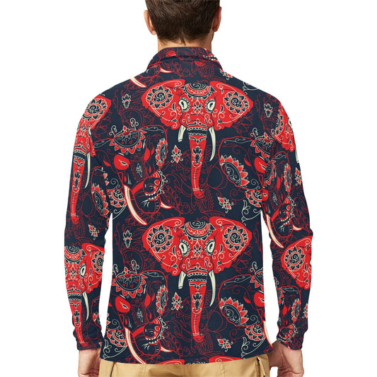 Red Indian Elephant Pattern Long Sleeve Polo Shirt For Men's