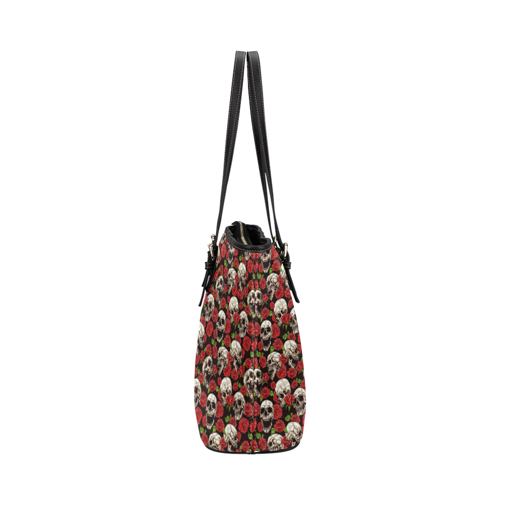 Skull Roses Design Themed Print Leather Tote Bag