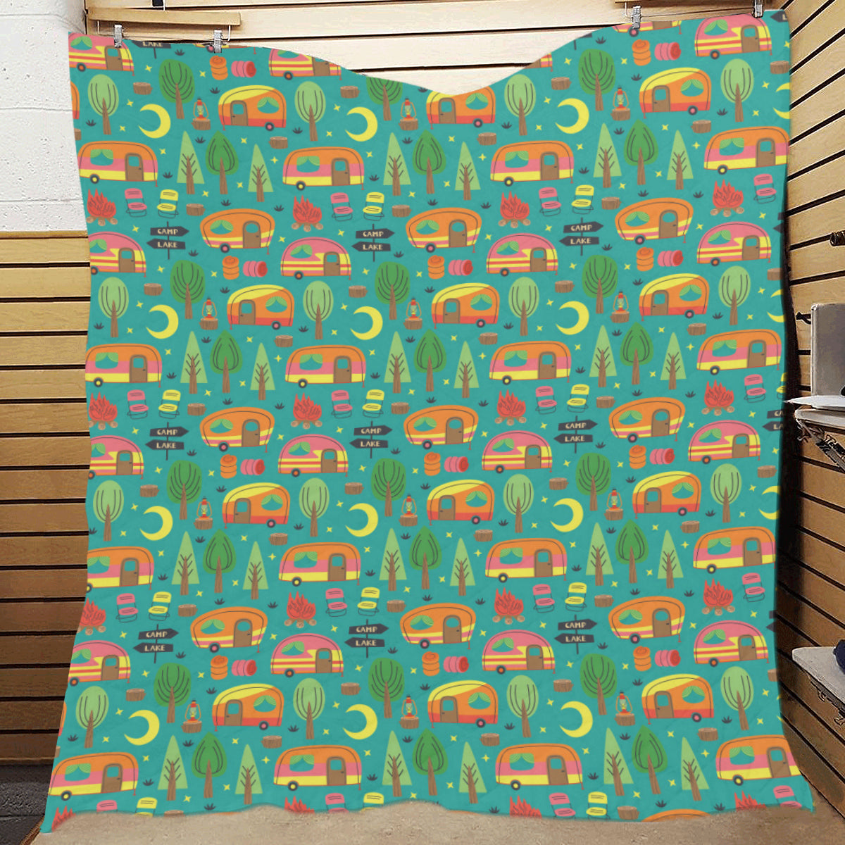 Camping Camper Pattern Print Design 05 Premium Quilt