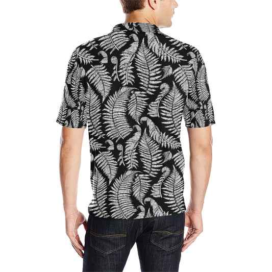 Fern Leave Black White Print Pattern Men Polo Shirt