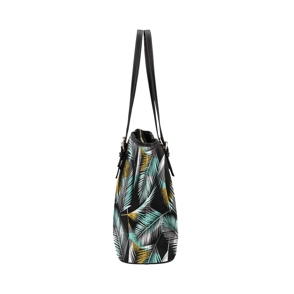 Gold Glitter Cyan Tropical Palm Leaves Leather Tote Bag