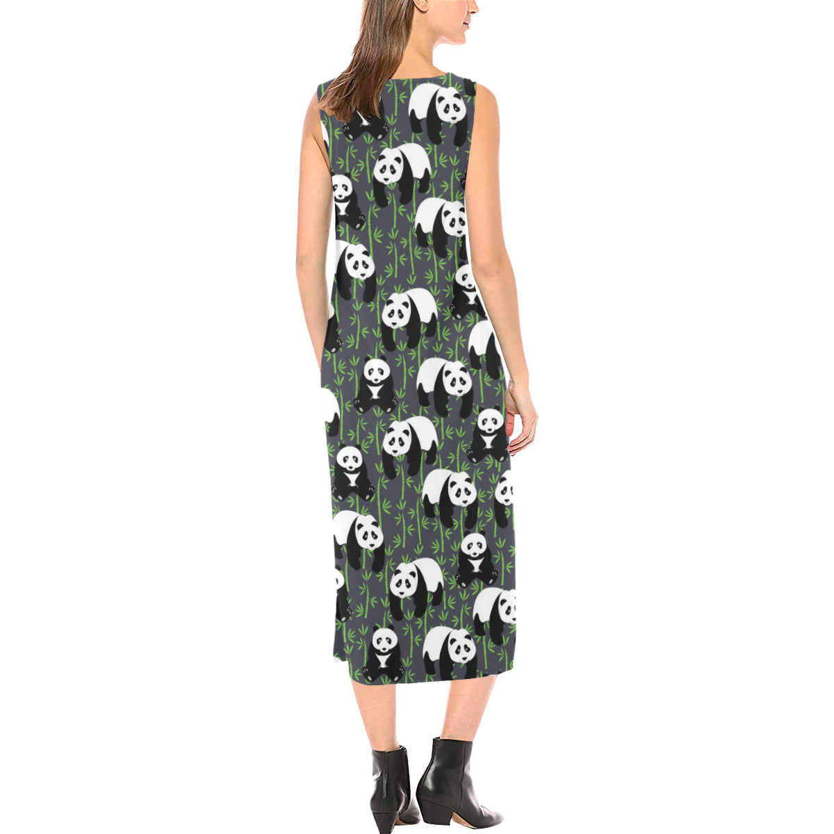 Panda Bear Bamboo Themed Print Sleeveless Long Dress