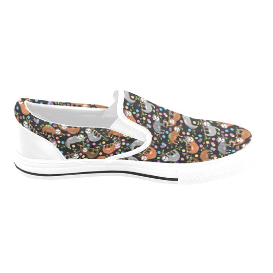 Sloth Print Design LKS306 White Slip Ons Canvas Women's Shoes